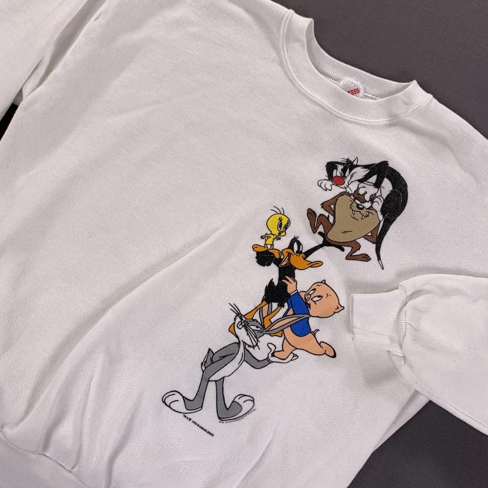 VTG Jerzees Looney Tunes Sweatshirt Mens XL White 1993 Bugs Daffy Taz Tweety 90s
